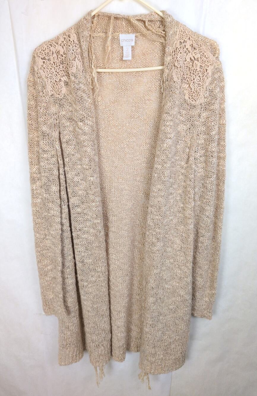 Chicos tan loose knit crocheted lace fringe cardigan Size 2/Large Boho Coastal